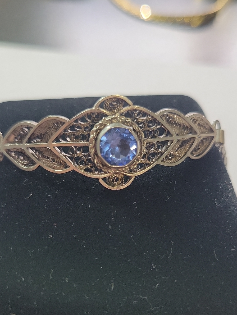 Vintage Silver Filigree Bracelet with Blue Stone